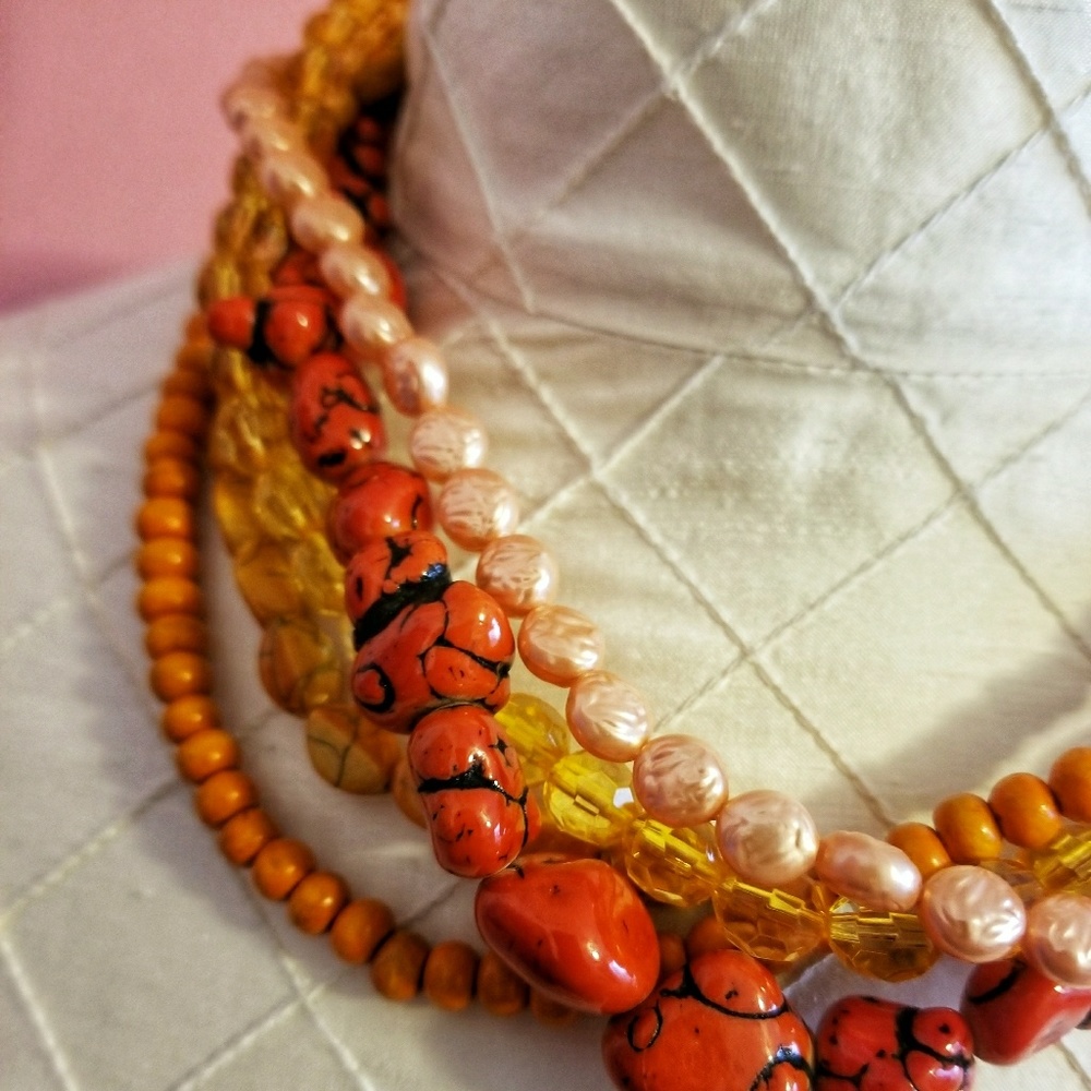 5-stranded Orange Pink And Silver Necklace